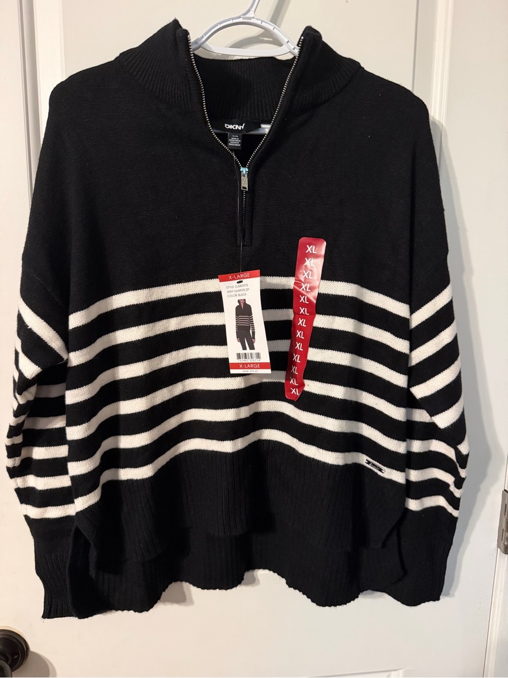 DKNY Black and White Striped Half-Zip Sweater